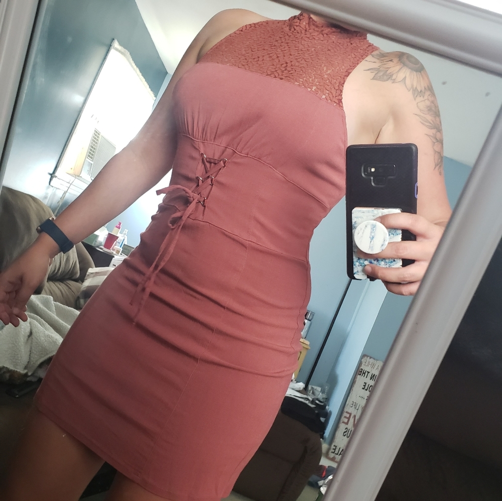 Rose colored mini dress with embellished neck